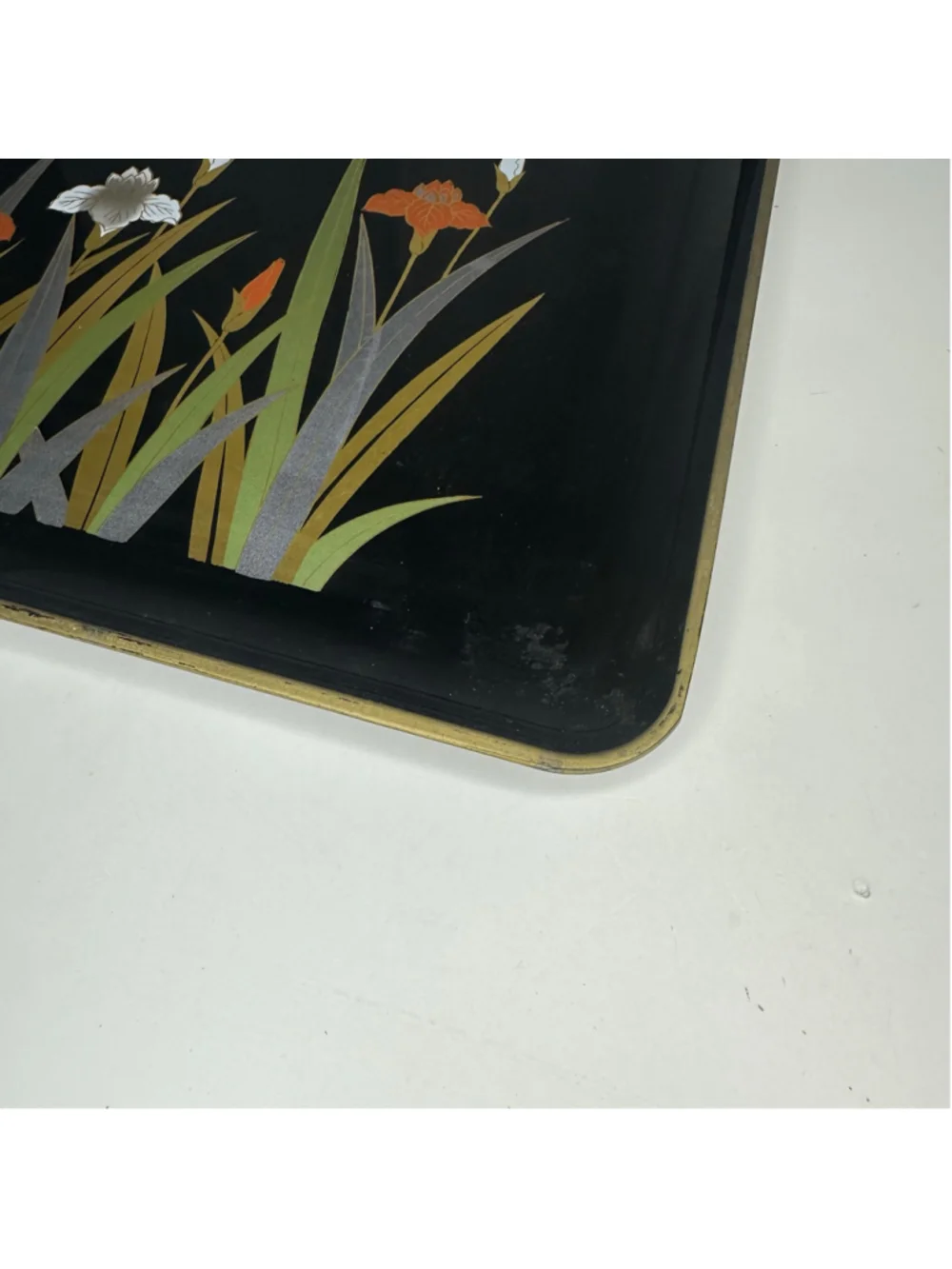 Vintage Otagiri Japan Black Lacquerware Iris Floral Serving Tray & Jewelry Box